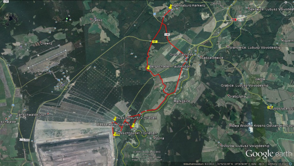 Route der Radtour am 22. August 2014 von Kerkwitz nach Grießen und zurück (23km) – google earth
